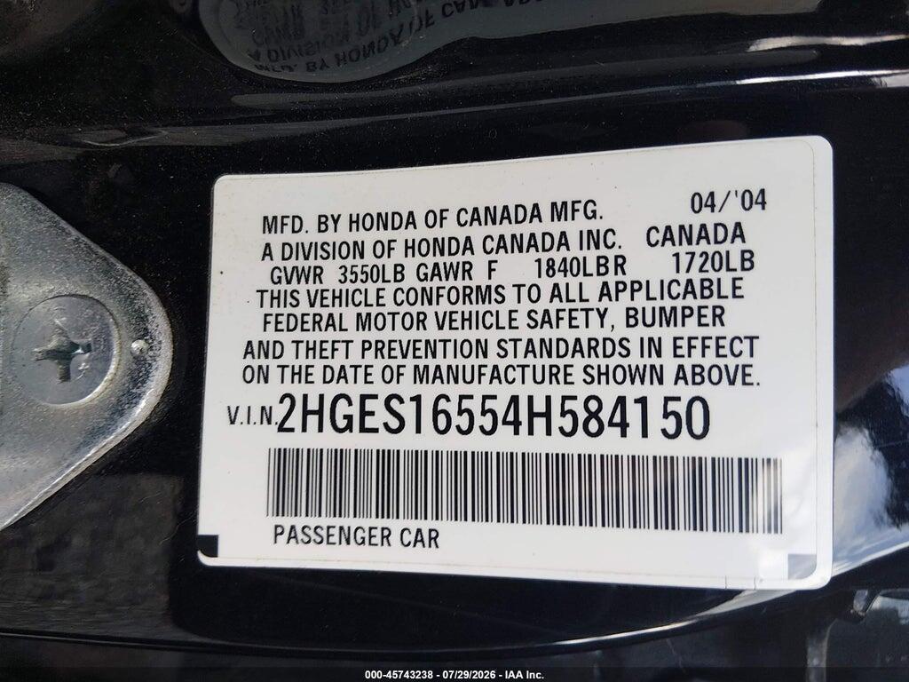 2HGES16554H584150 2004 HONDA CIVIC photo no. 9