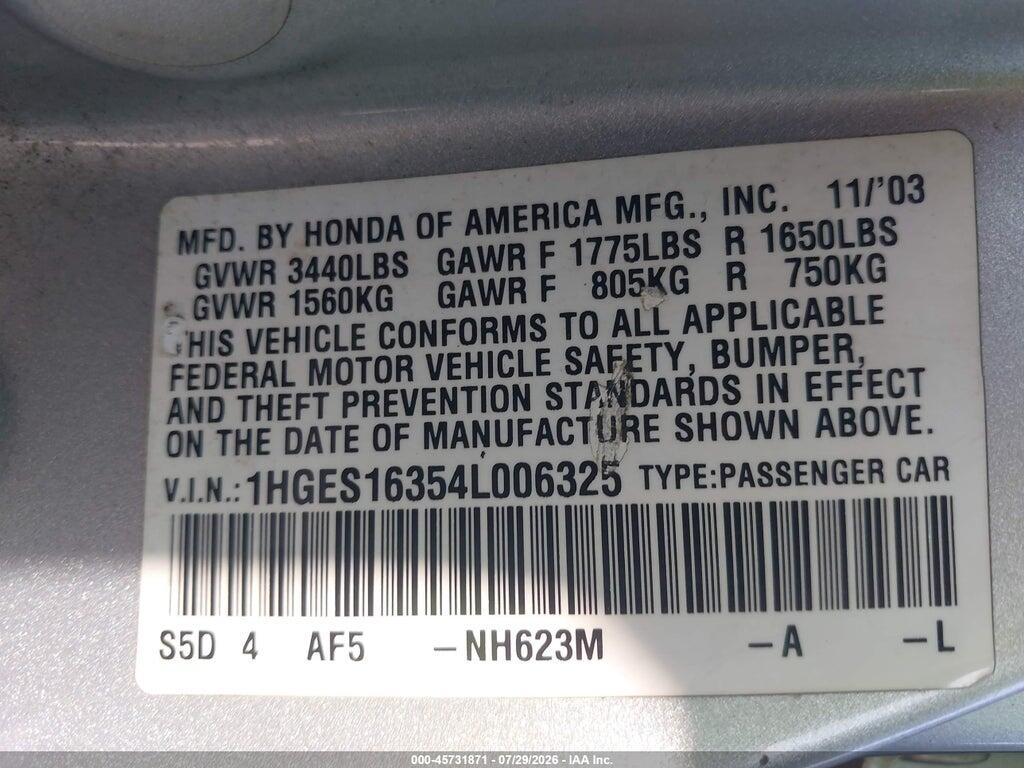 1HGES16354L006325 2004 HONDA CIVIC photo no. 9