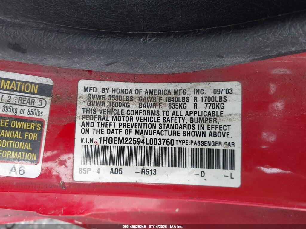 1HGEM22594L003760 2004 HONDA CIVIC photo no. 9