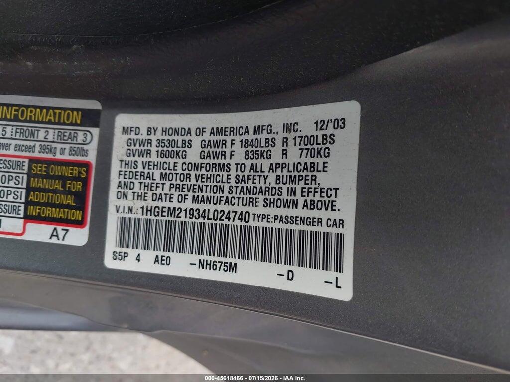 1HGEM21934L024740 2004 HONDA CIVIC photo no. 9