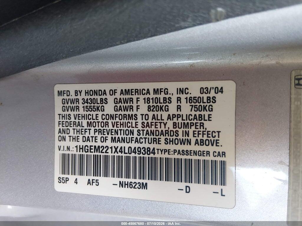 1HGEM221X4L049384 2004 HONDA CIVIC photo no. 9
