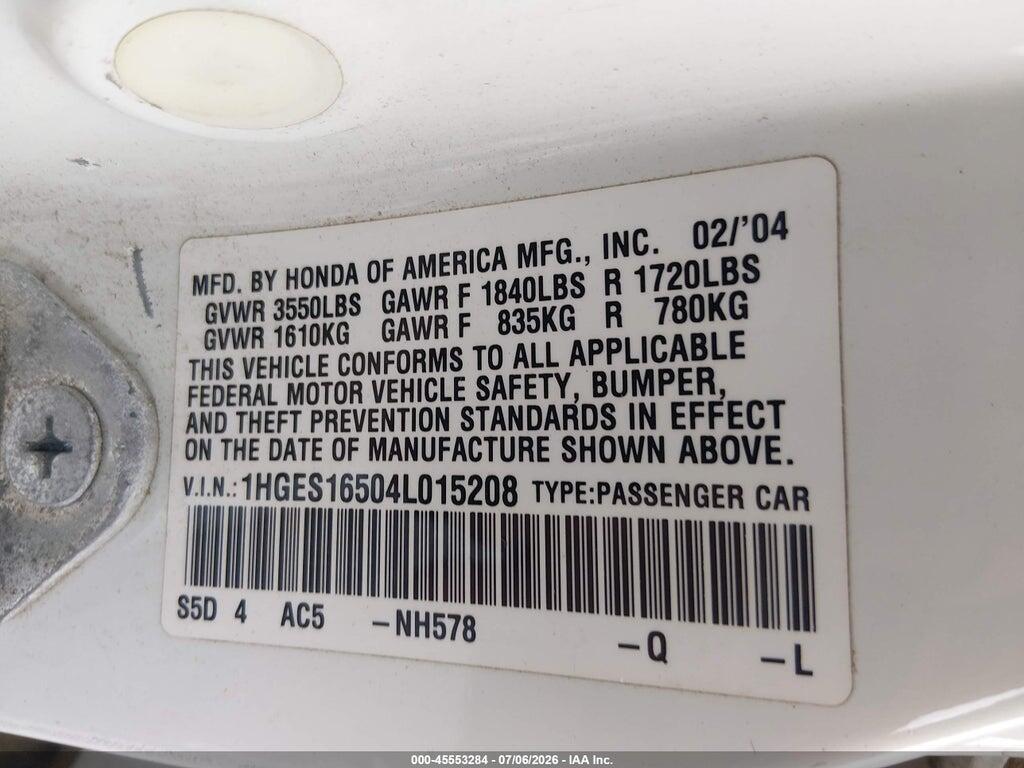 1HGES16504L015208 2004 HONDA CIVIC photo no. 9