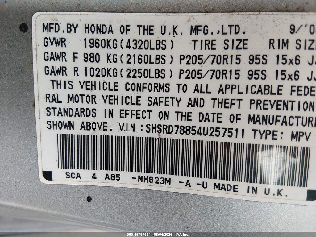 SHSRD78854U257511 2004 HONDA CR-V photo no. 9