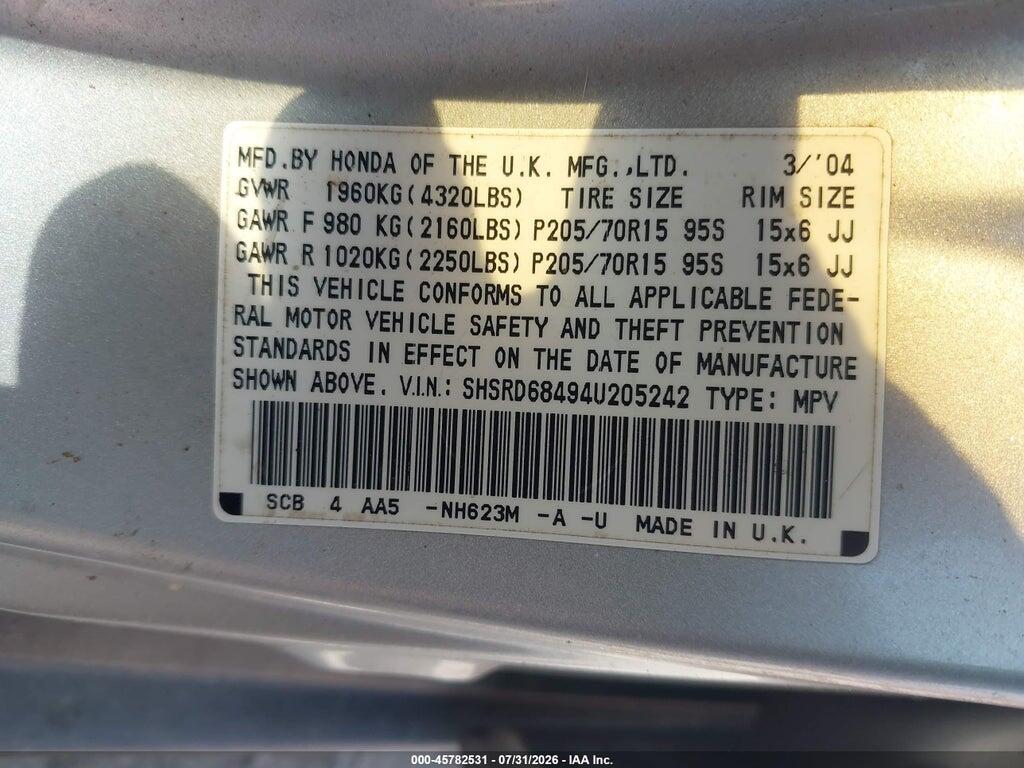 SHSRD68494U205242 2004 HONDA CR-V photo no. 9