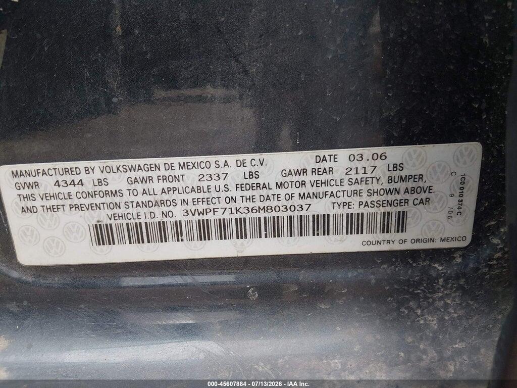 3VWPF71K36M803037 2006 VOLKSWAGEN JETTA photo no. 9