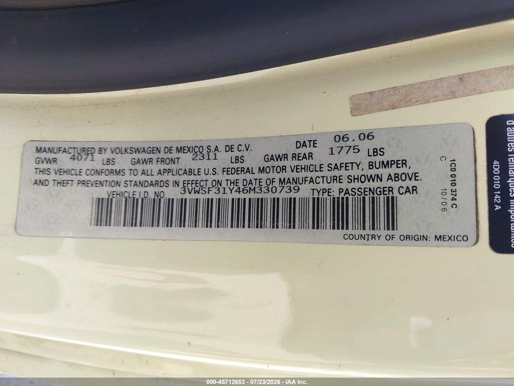 3VWSF31Y46M330739 2006 VOLKSWAGEN NEW BEETLE photo no. 9
