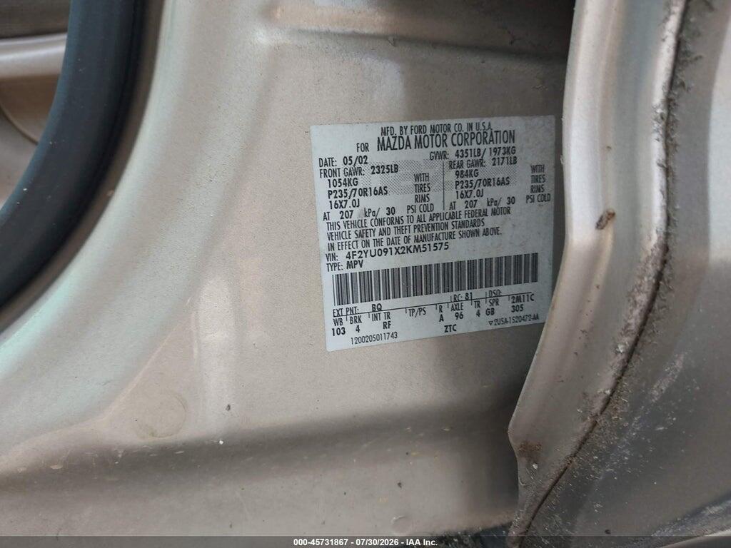 4F2YU091X2KM51575 2002 MAZDA TRIBUTE photo no. 9