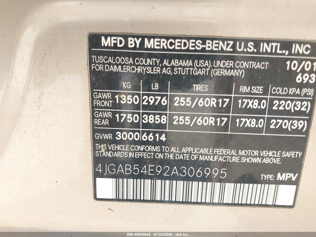 4JGAB54E92A306995 2002 MERCEDES-BENZ ML photo no. 9