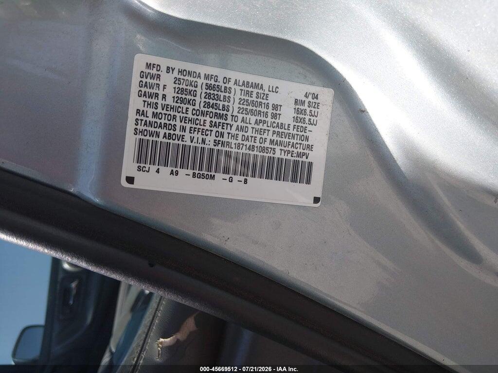 5FNRL18714B108575 2004 HONDA ODYSSEY photo no. 9