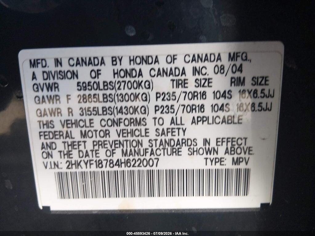 2HKYF18784H622007 2004 HONDA PILOT photo no. 9