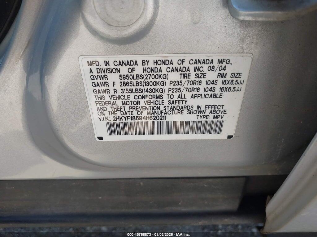 2HKYF18694H620211 2004 HONDA PILOT photo no. 9
