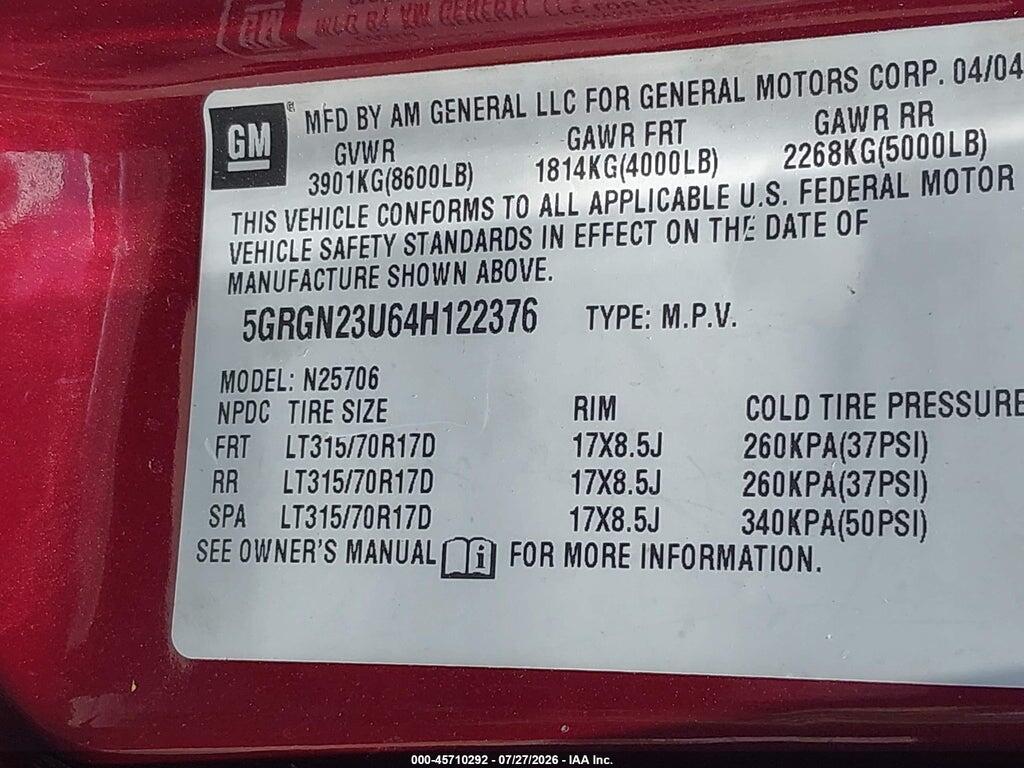 5GRGN23U64H122376 2004 HUMMER H2 photo no. 9