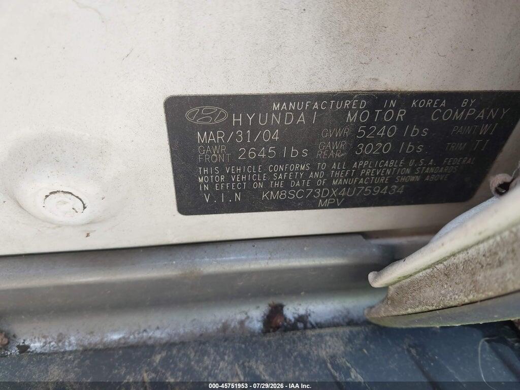 KM8SC73DX4U759434 2004 HYUNDAI SANTA FE photo no. 9