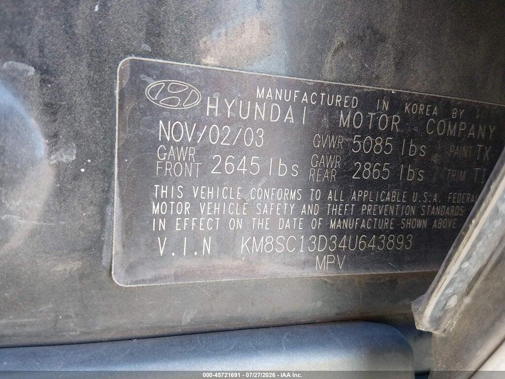 KM8SC13D34U643893 2004 HYUNDAI SANTA FE photo no. 9
