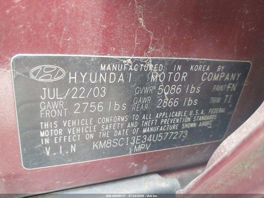KM8SC13E34U577273 2004 HYUNDAI SANTA FE photo no. 9