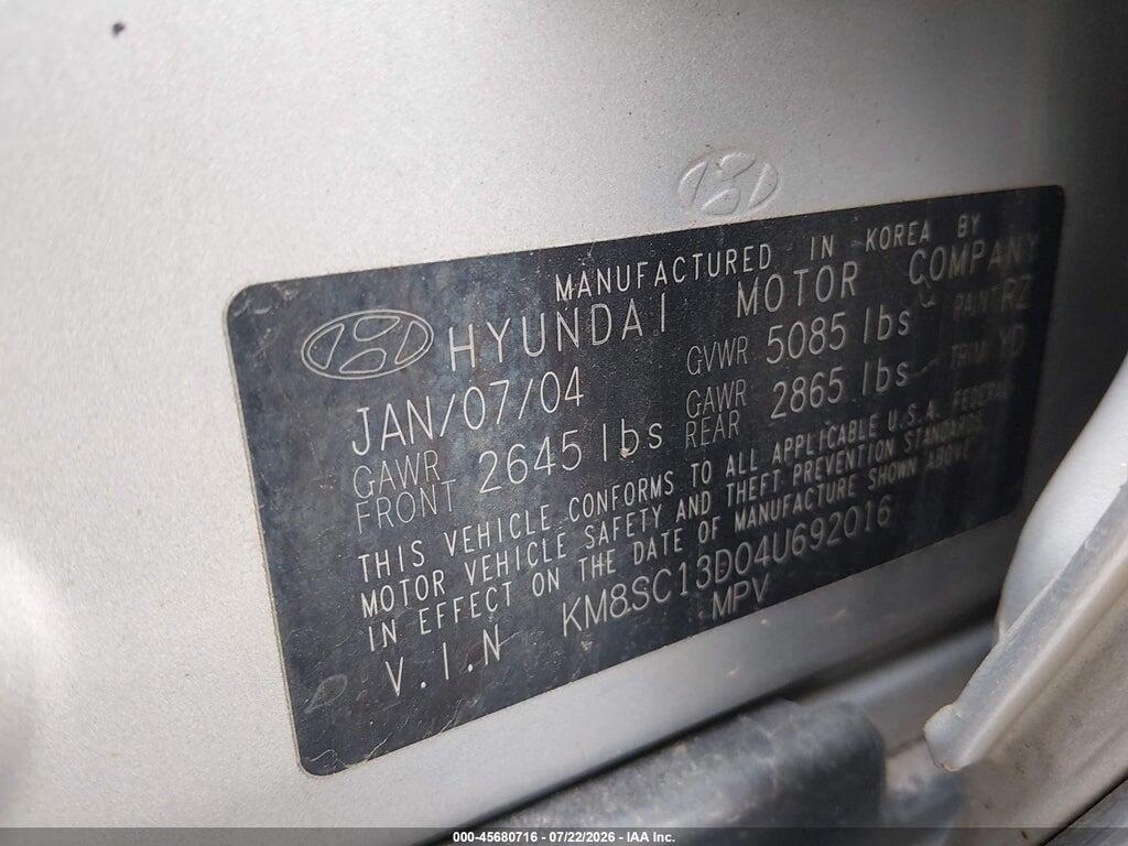 KM8SC13D04U692016 2004 HYUNDAI SANTA FE photo no. 9