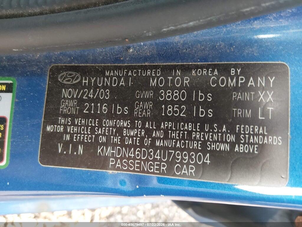 KMHDN46D34U799304 2004 HYUNDAI ELANTRA photo no. 9