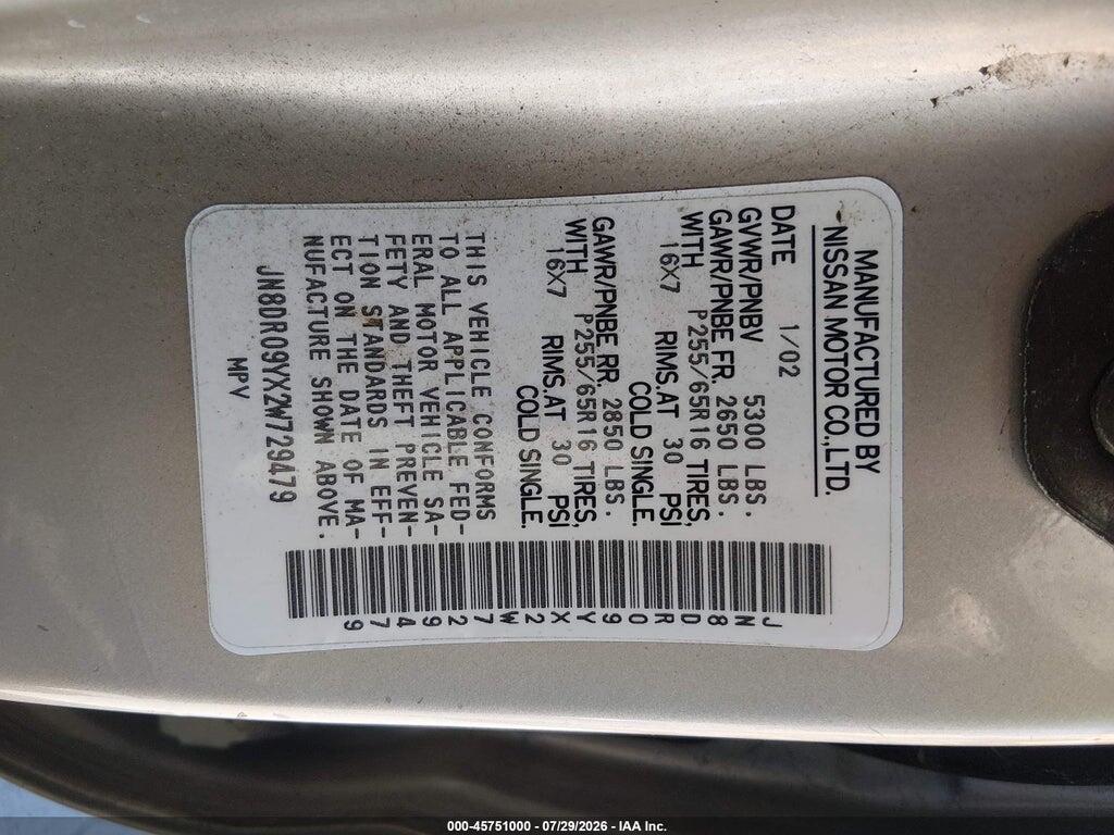 JN8DR09YX2W729479 2002 NISSAN PATHFINDER photo no. 9
