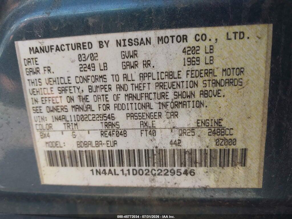 1N4AL11D02C229546 2002 NISSAN ALTIMA photo no. 9