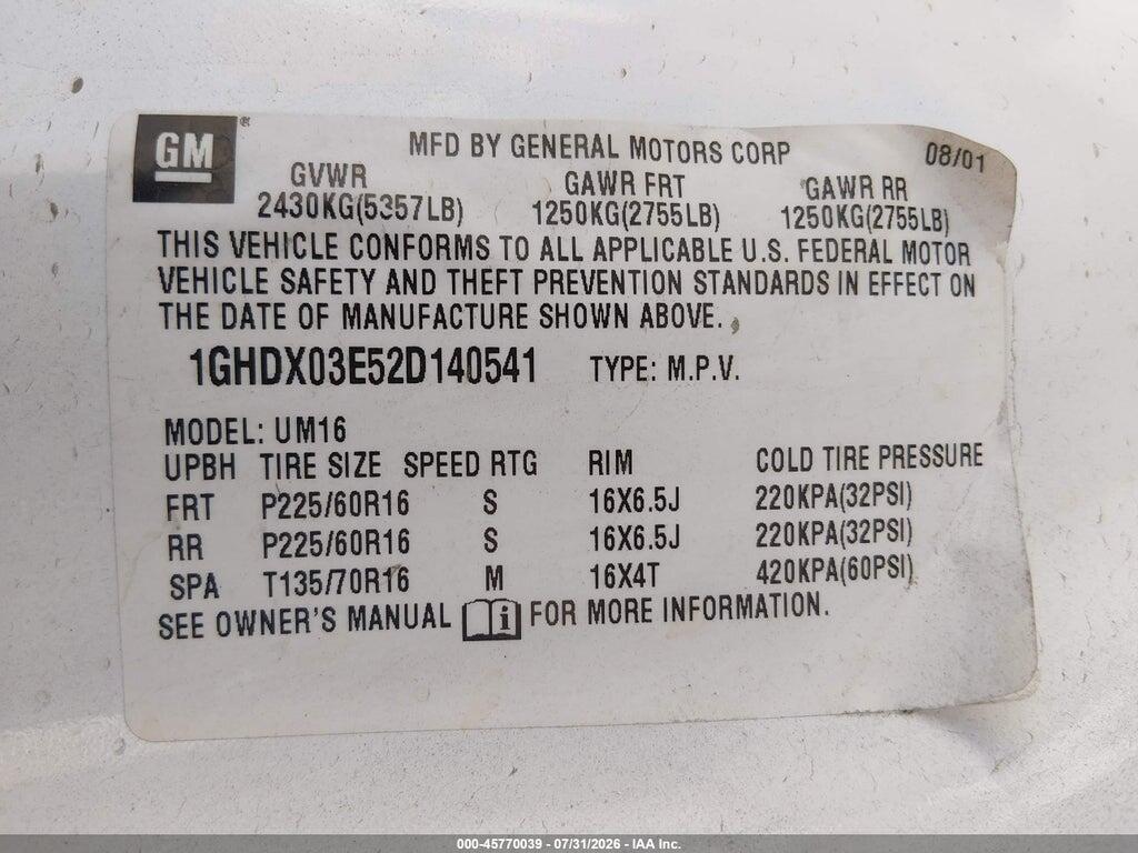 1GHDX03E52D140541 2002 OLDSMOBILE SILHOUETTE photo no. 9