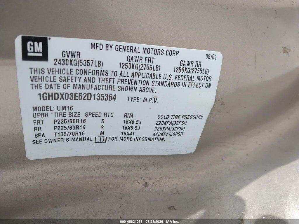 1GHDX03E62D135364 2002 OLDSMOBILE SILHOUETTE photo no. 9