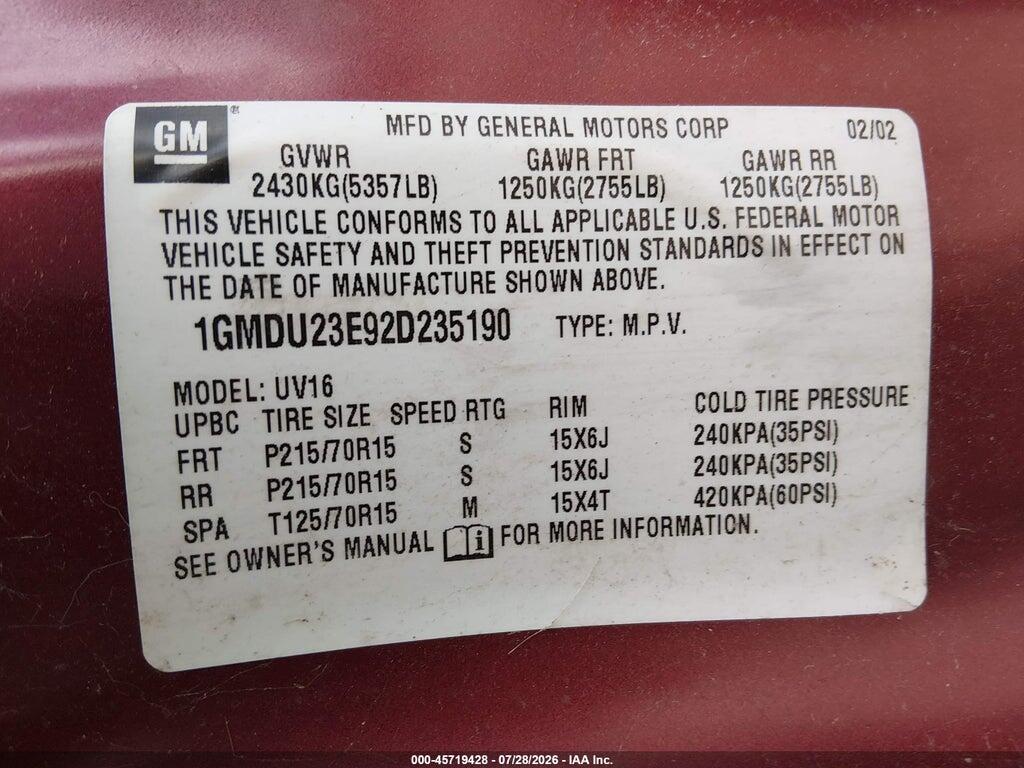 1GMDU23E92D235190 2002 PONTIAC MONTANA photo no. 9