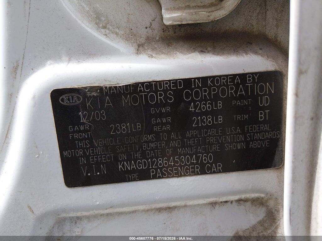 KNAGD128645304760 2004 KIA OPTIMA photo no. 9