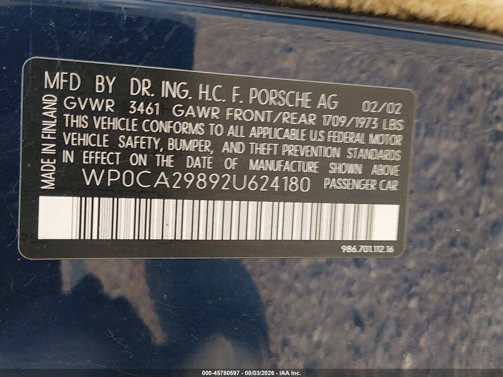 WP0CA29892U624180 2002 PORSCHE BOXSTER photo no. 9