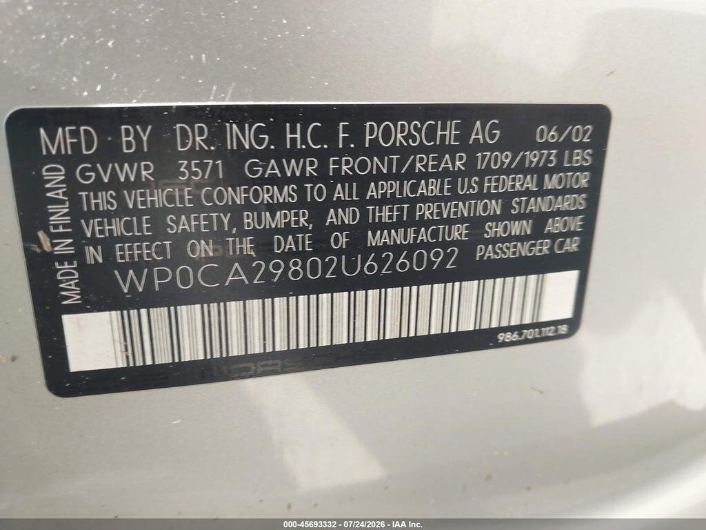WP0CA29802U626092 2002 PORSCHE BOXSTER photo no. 9