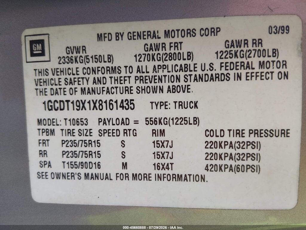 1GCDT19X1X8161435 1999 CHEVROLET S-10 photo no. 9