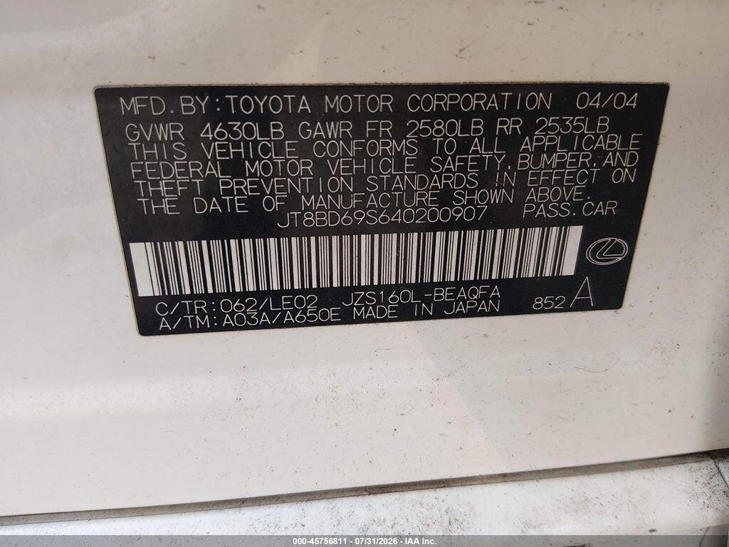 JT8BD69S640200907 2004 LEXUS GS 300 photo no. 9