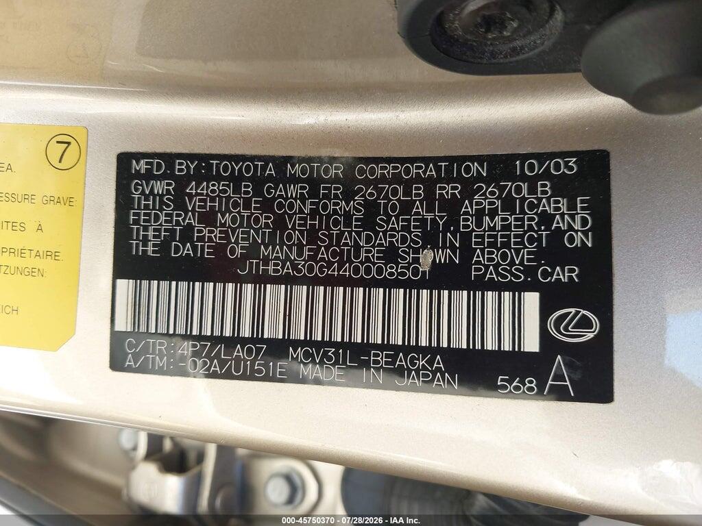 JTHBA30G440008501 2004 LEXUS ES 330 photo no. 9