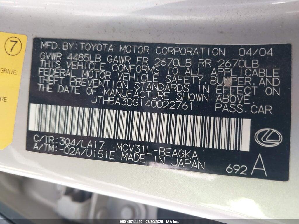 JTHBA30G140022761 2004 LEXUS ES 330 photo no. 9