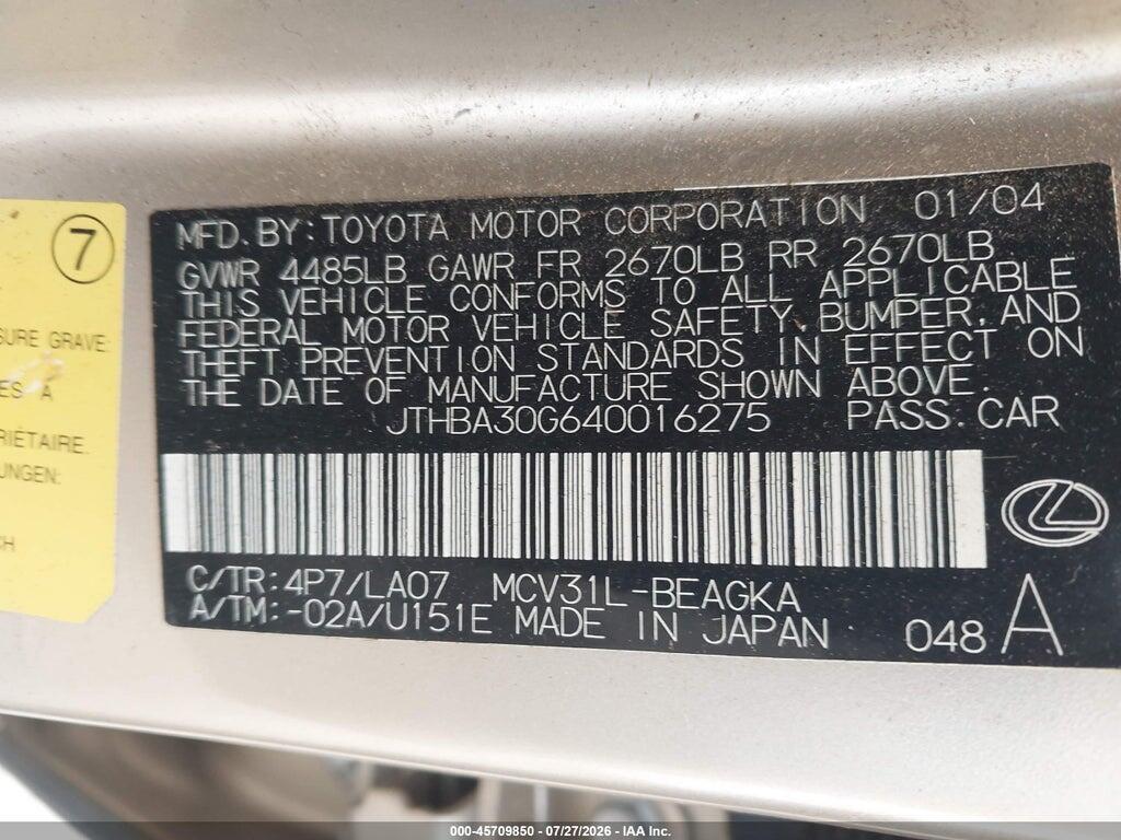 JTHBA30G640016275 2004 LEXUS ES 330 photo no. 9