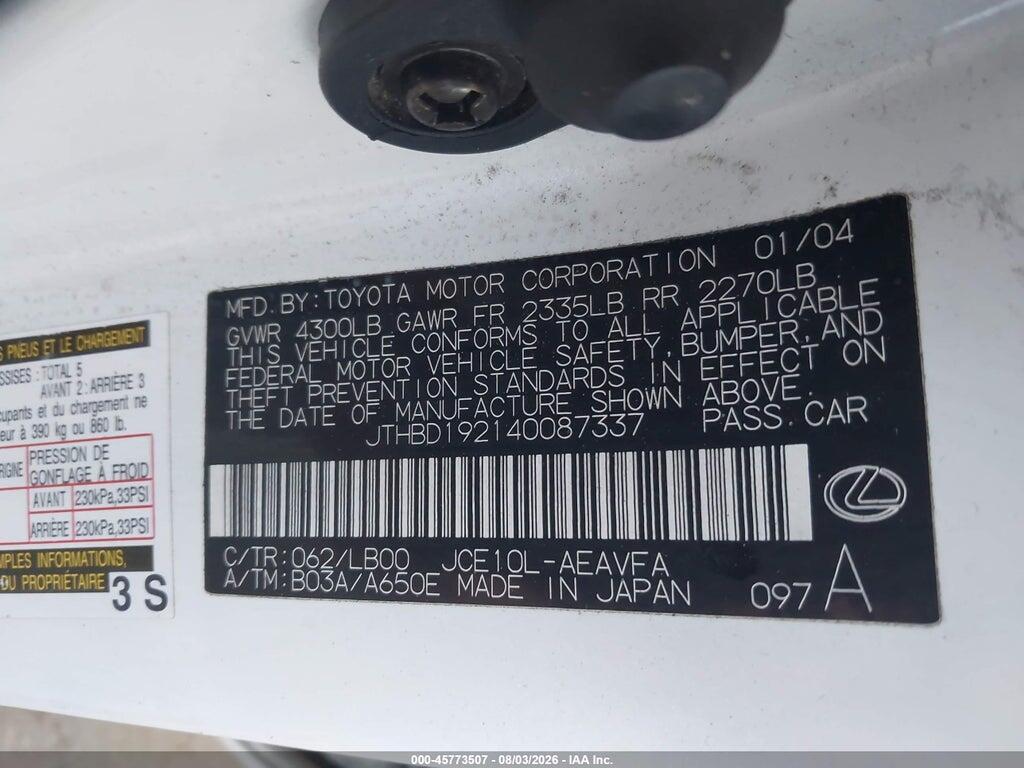 JTHBD192140087337 2004 LEXUS IS 300 photo no. 9