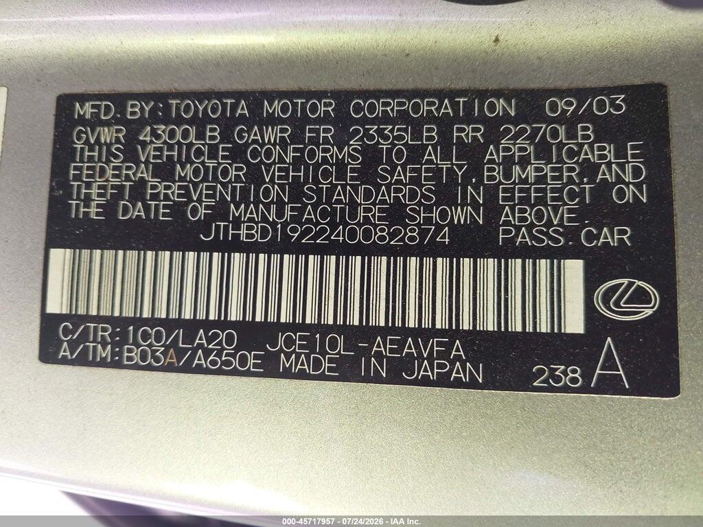 JTHBD192240082874 2004 LEXUS IS 300 photo no. 9