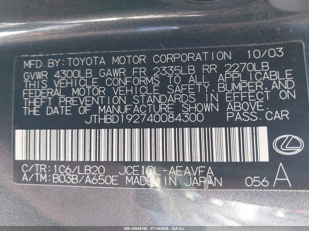 JTHBD192740084300 2004 LEXUS IS 300 photo no. 9