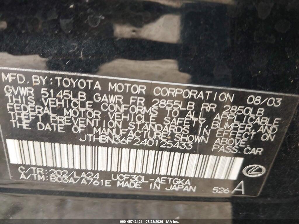 JTHBN36F240125433 2004 LEXUS LS 430 photo no. 9