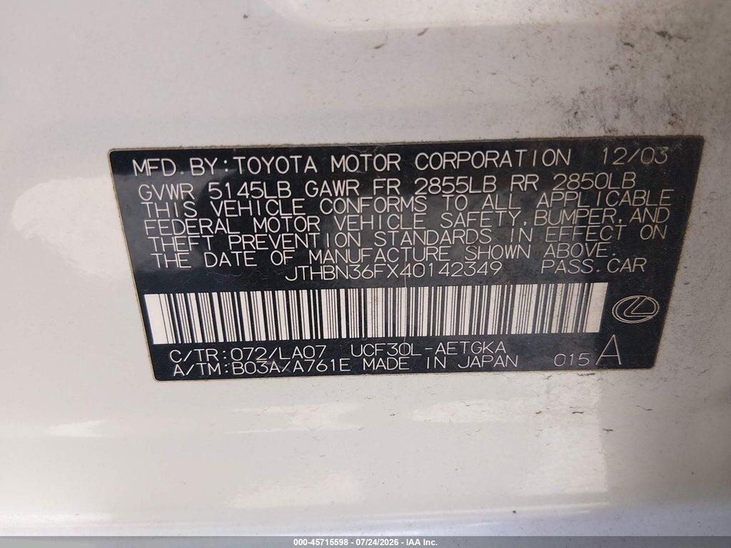 JTHBN36FX40142349 2004 LEXUS LS 430 photo no. 9