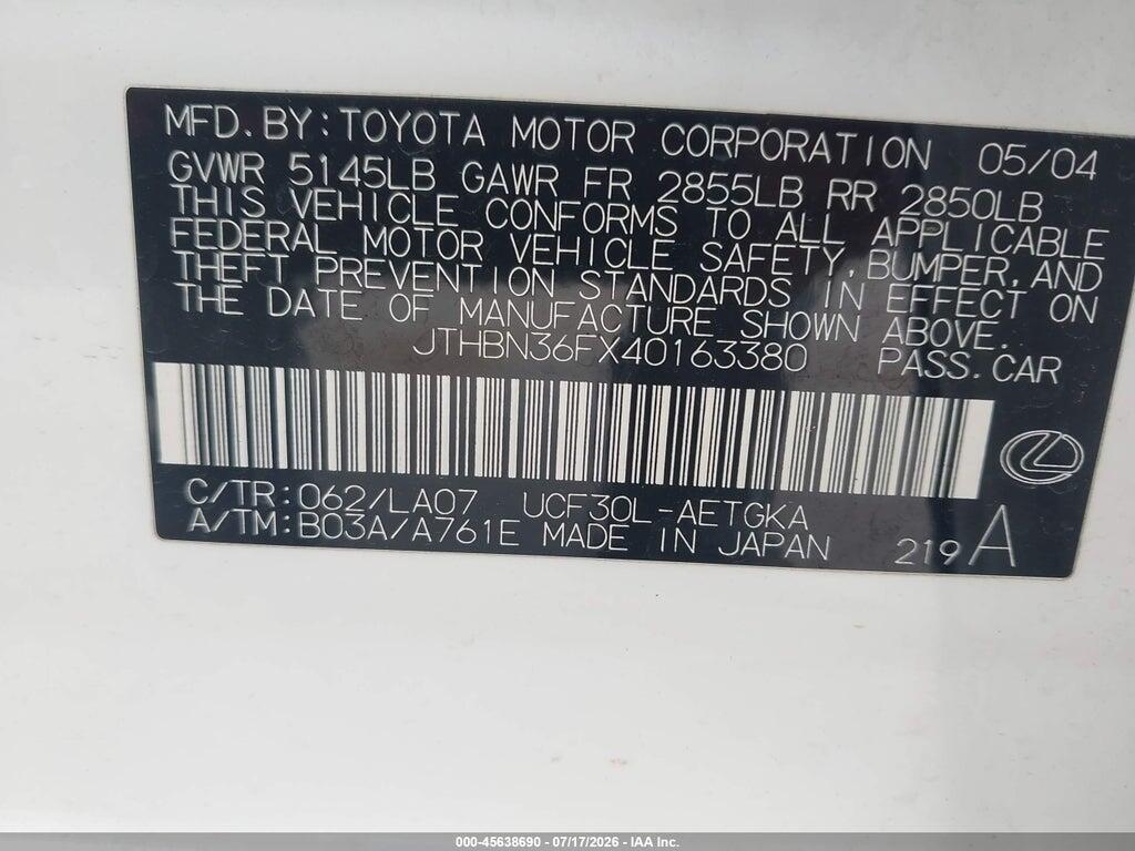JTHBN36FX40163380 2004 LEXUS LS 430 photo no. 9