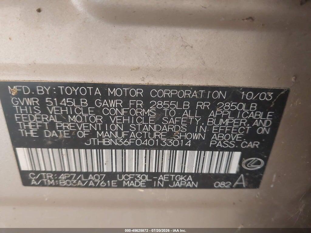 JTHBN36F040133014 2004 LEXUS LS 430 photo no. 9