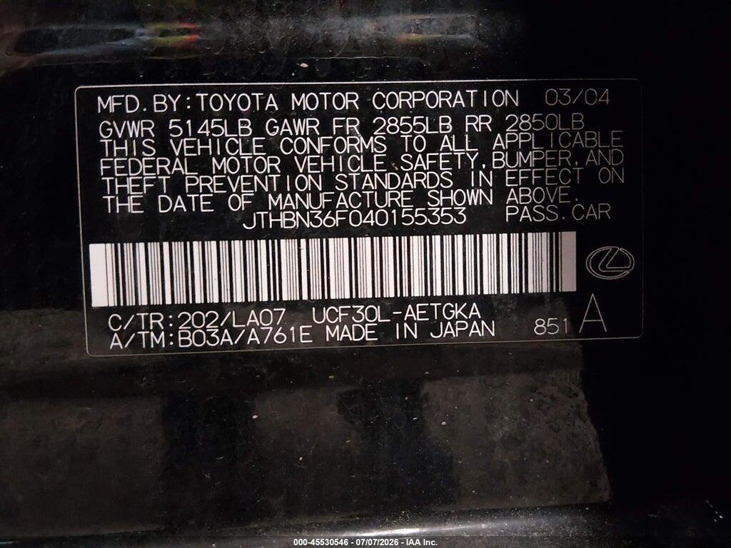 JTHBN36F040155353 2004 LEXUS LS 430 photo no. 9