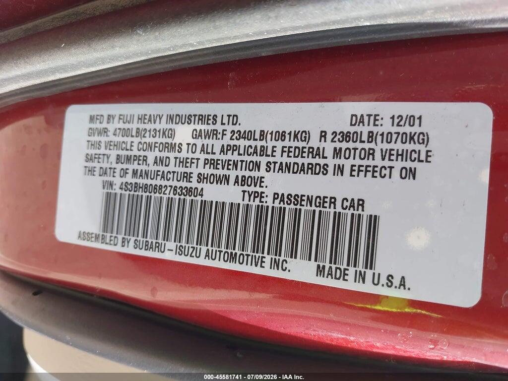 4S3BH806827633604 2002 SUBARU OUTBACK photo no. 9