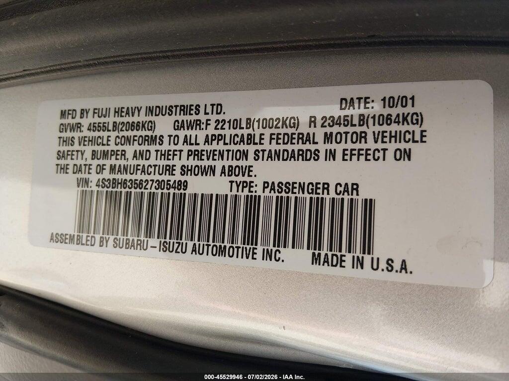 4S3BH635627305489 2002 SUBARU LEGACY photo no. 9