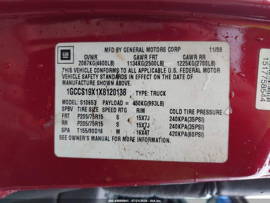 1GCCS19X1X8120138 1999 CHEVROLET S-10 photo no. 9