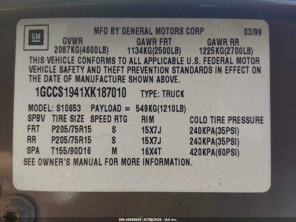 1GCCS1941XK187010 1999 CHEVROLET S-10 photo no. 9