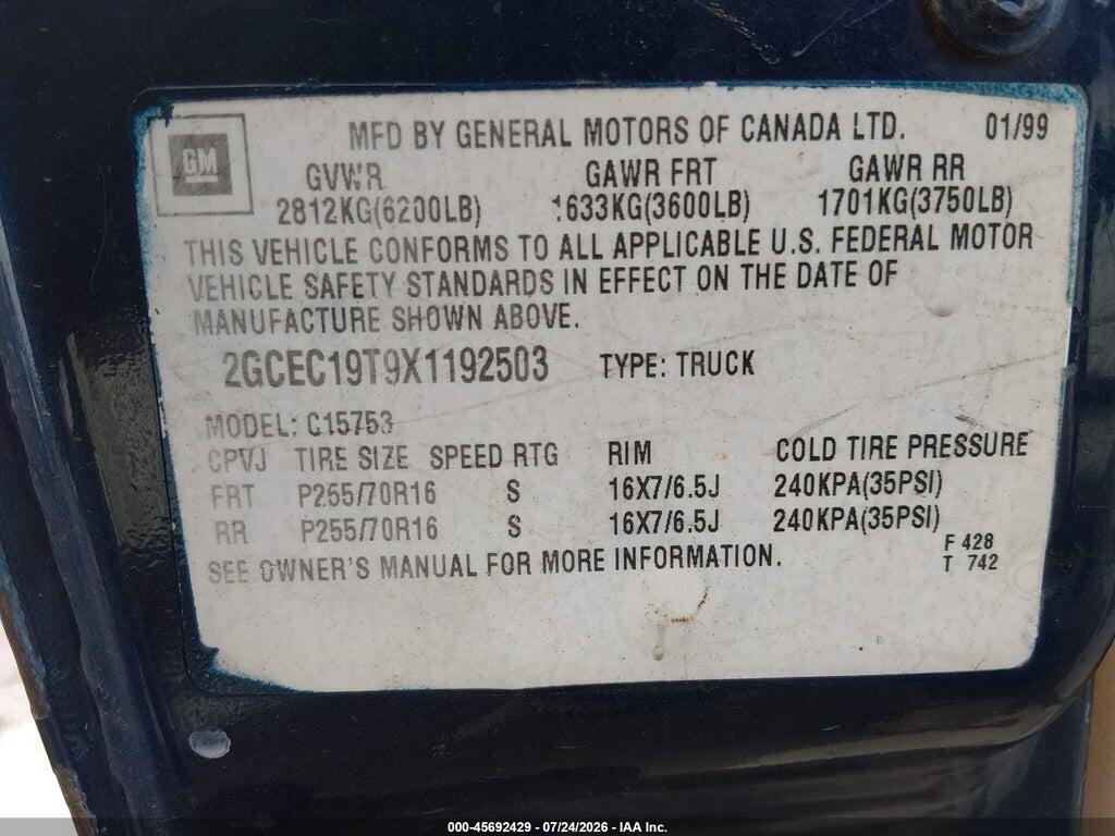 2GCEC19T9X1192503 1999 CHEVROLET SILVERADO 1500 photo no. 9