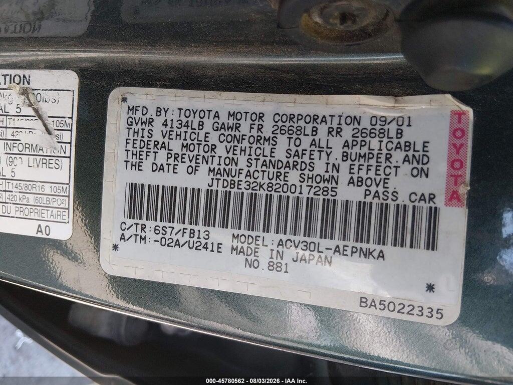 JTDBE32K820017285 2002 TOYOTA CAMRY photo no. 9