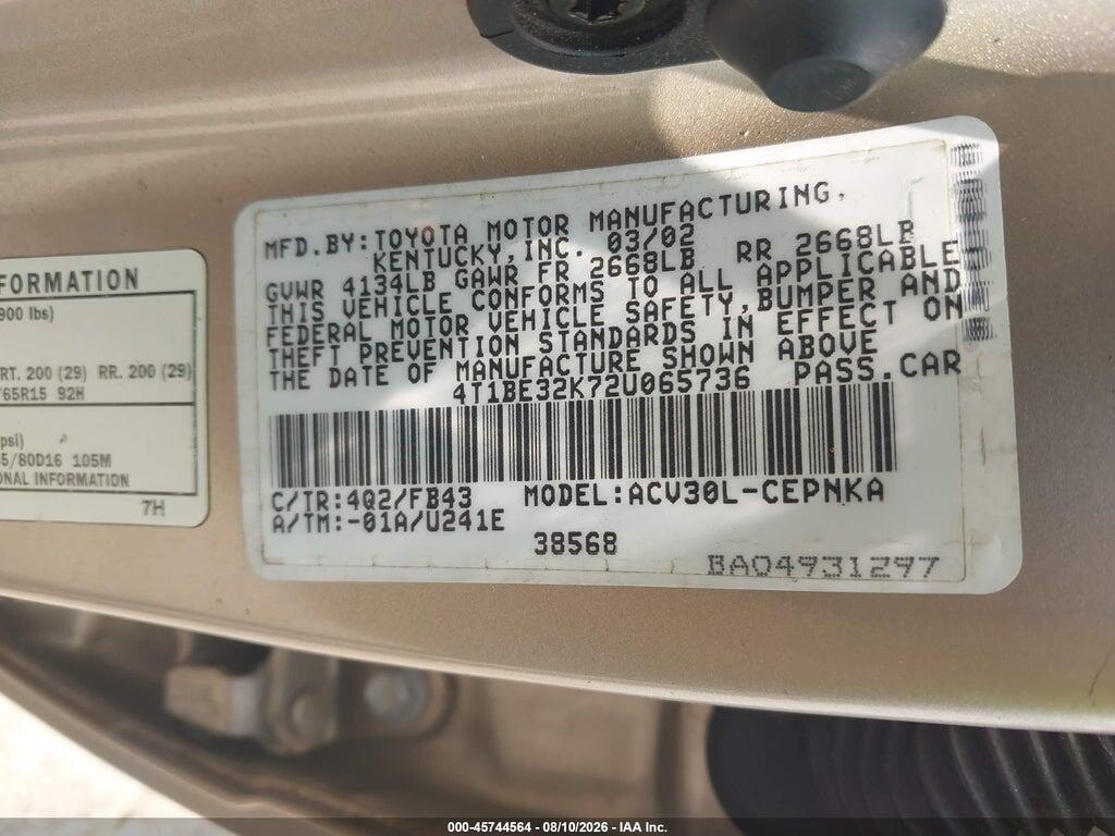 4T1BE32K72U065736 2002 TOYOTA CAMRY photo no. 9