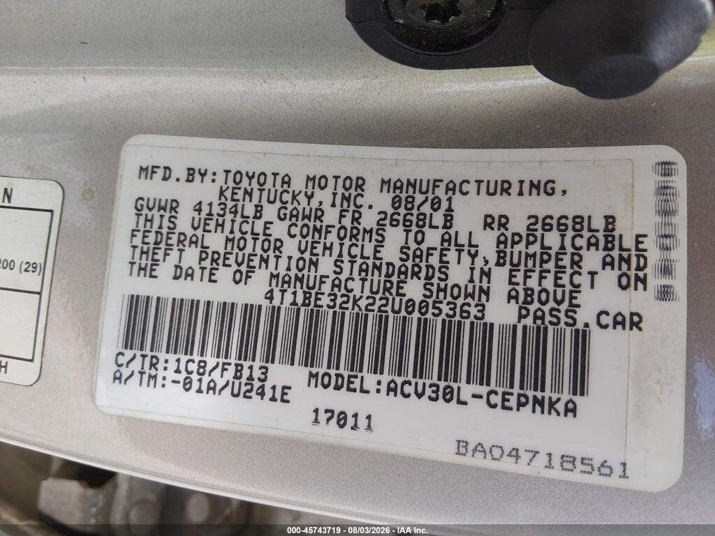 4T1BE32K22U005363 2002 TOYOTA CAMRY photo no. 9